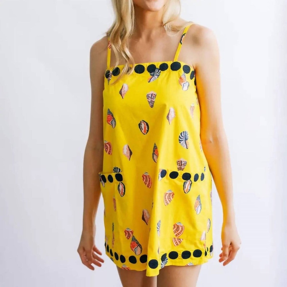 Sunshine Tienda Shell Grotto Dress Yellow Seashell Print Cotton Mini Dress  Sm